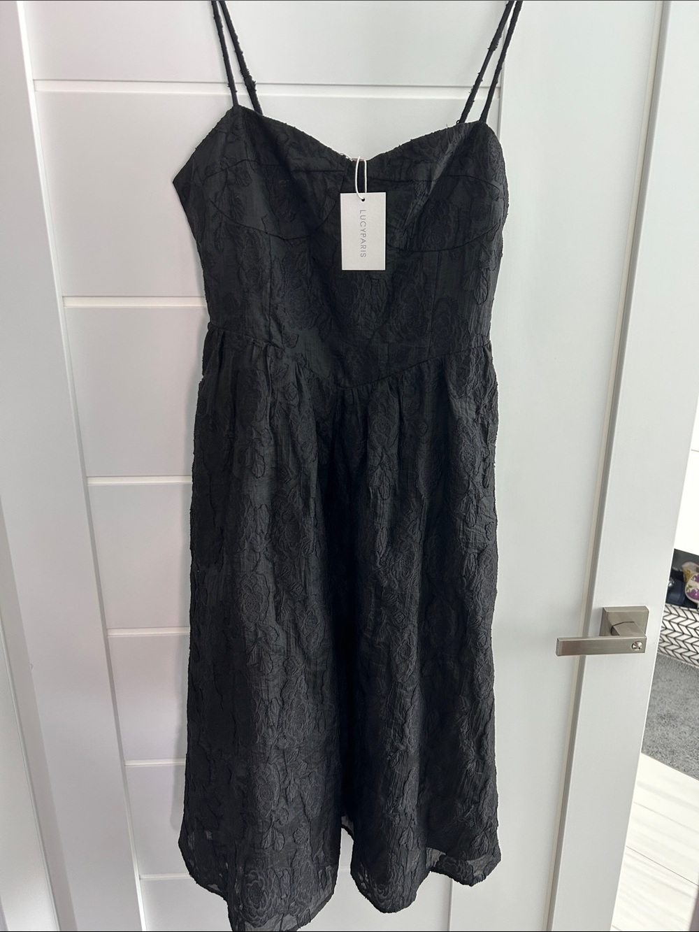 Lucy Paris Black Lace Midi Dress with Double Spaghetti Straps